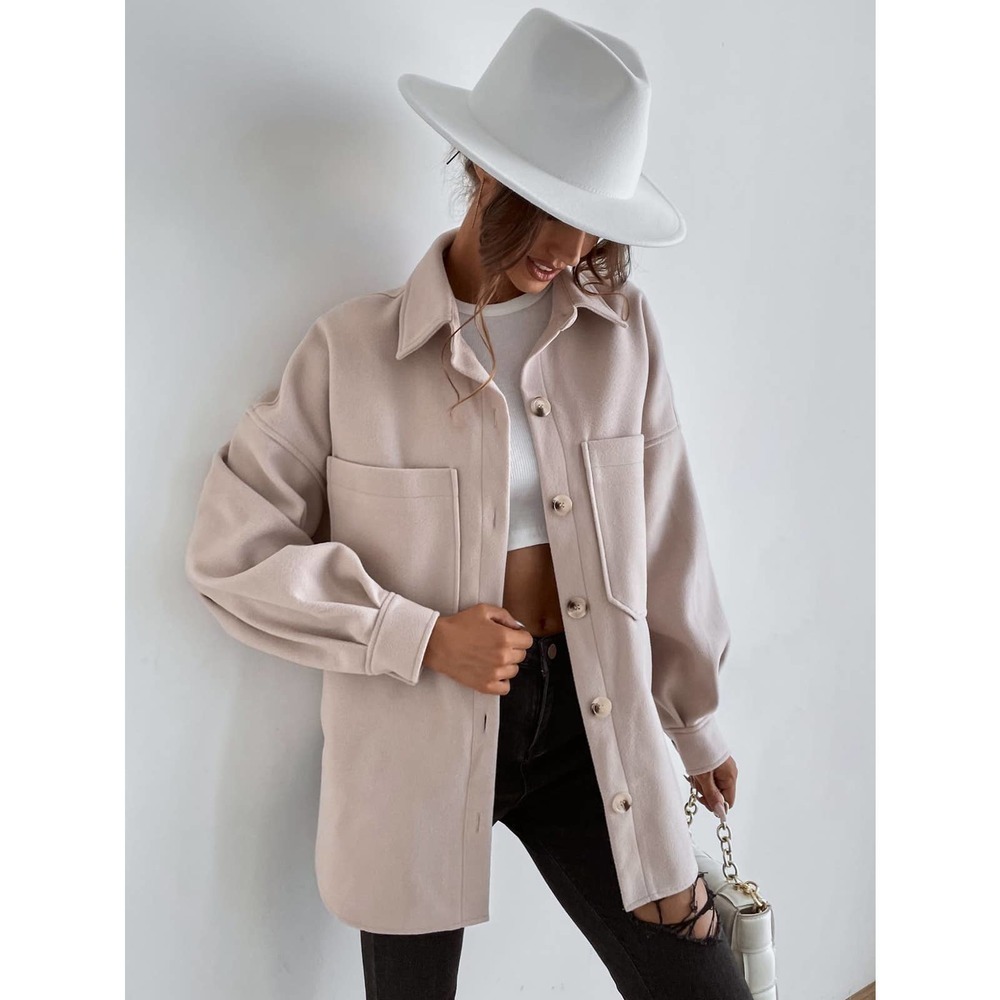Drop Shoulder Pocket boyfriend shacket oversized jacket Coat cream tan - Picture 4 of 8